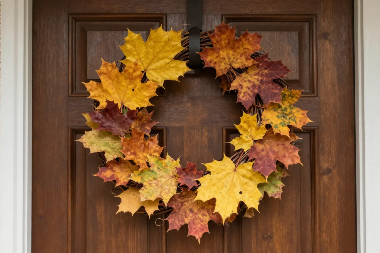 A fall maple leaf wreath hangs from a black strap on a dark brown paneled wooden front door.