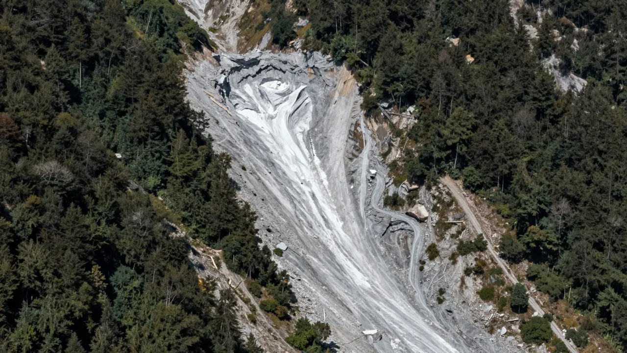 Aerial view of a wide rocky avalanche chute cutting through dense evergreen forest on a steep mountainside