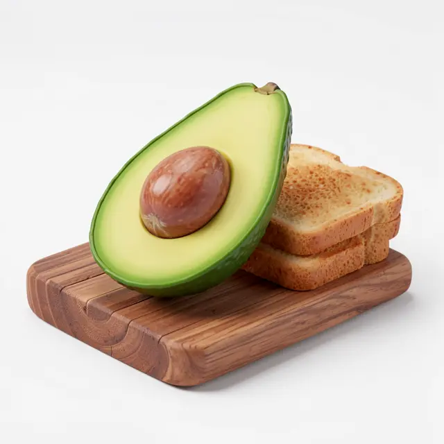 3D rendered avocado half with pit next to stacked toasted bread slices on a small wooden cutting board