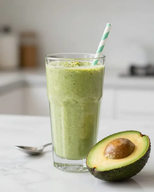 Tall glass of green avocado smoothie with a striped straw sits next to a halved avocado on a bright kitchen countertop.