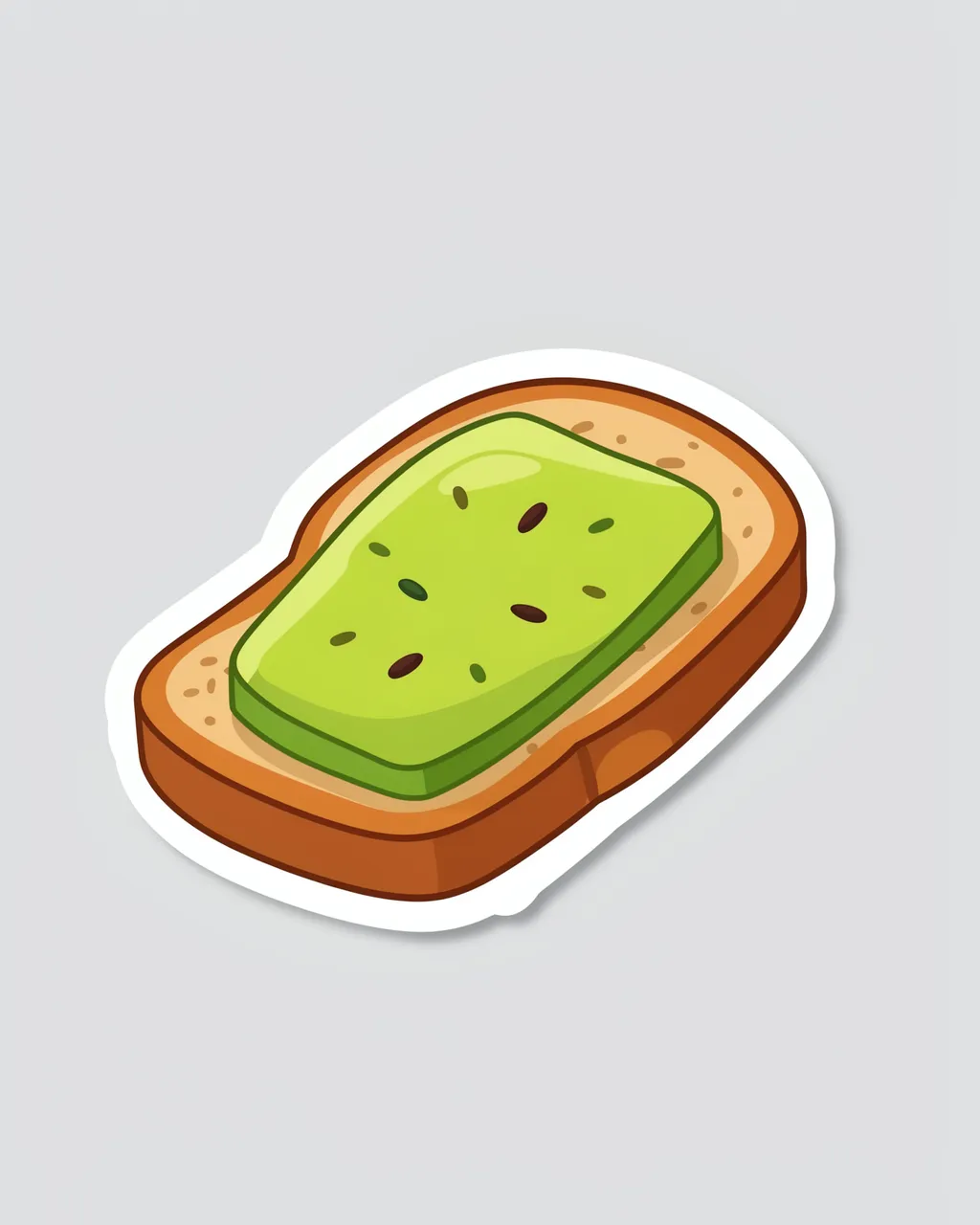 Die-cut sticker of cartoon avocado toast with a white border on a light gray background