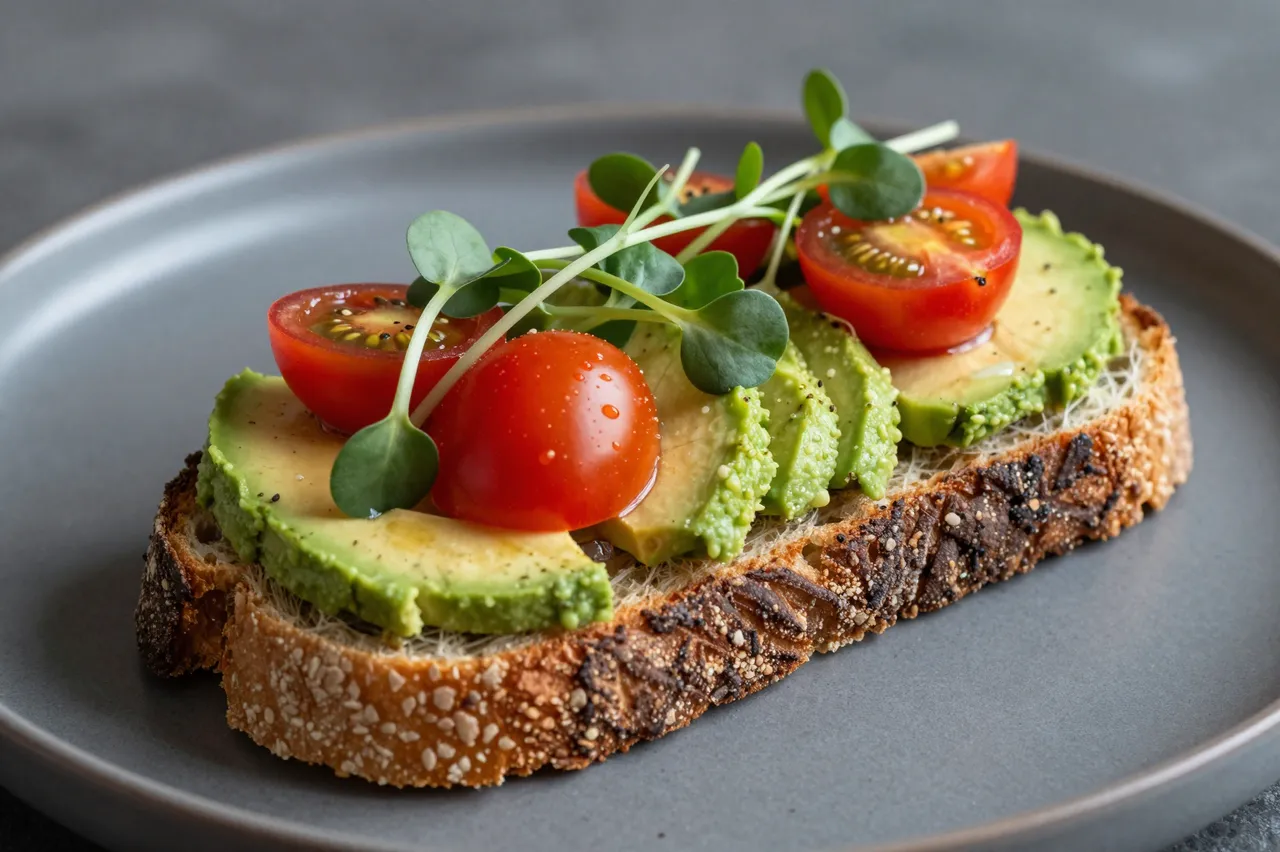 Sourdough avocado toast topped with cherry tomatoes and microgreens sits on a matte gray plate.