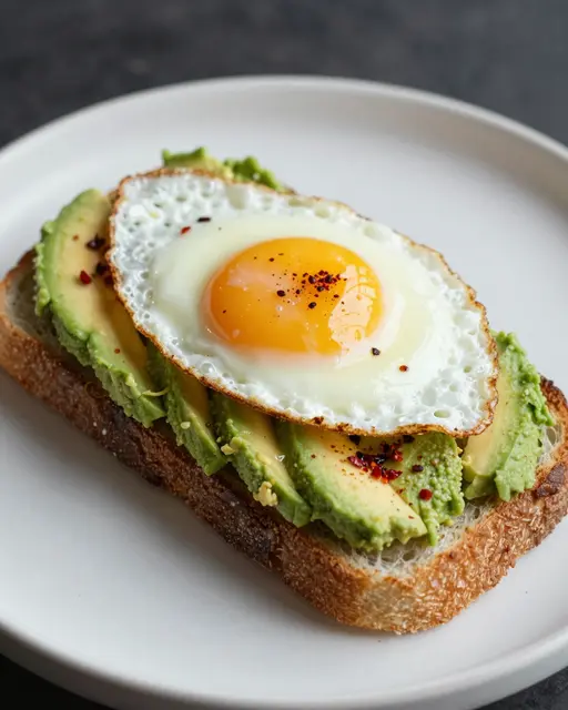 Sourdough toast topped with avocado slices, a fried egg, and chili flakes rests on a white ceramic plate.