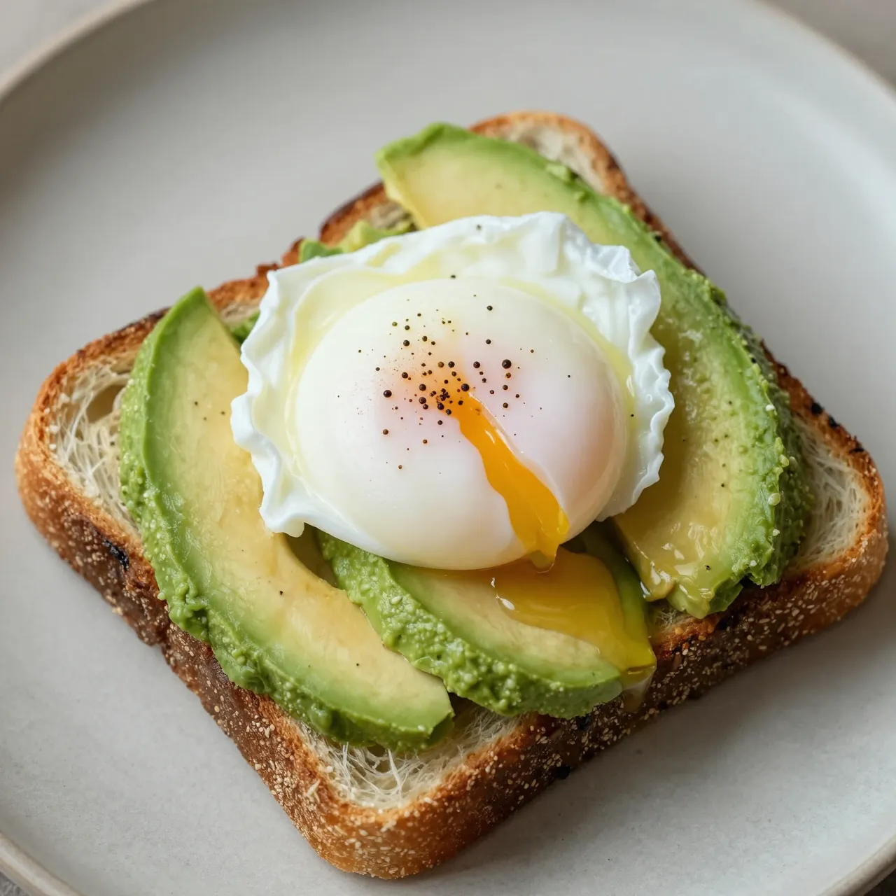 Top-down view of seeded toast topped with avocado slices and a runny poached egg on a ceramic plate