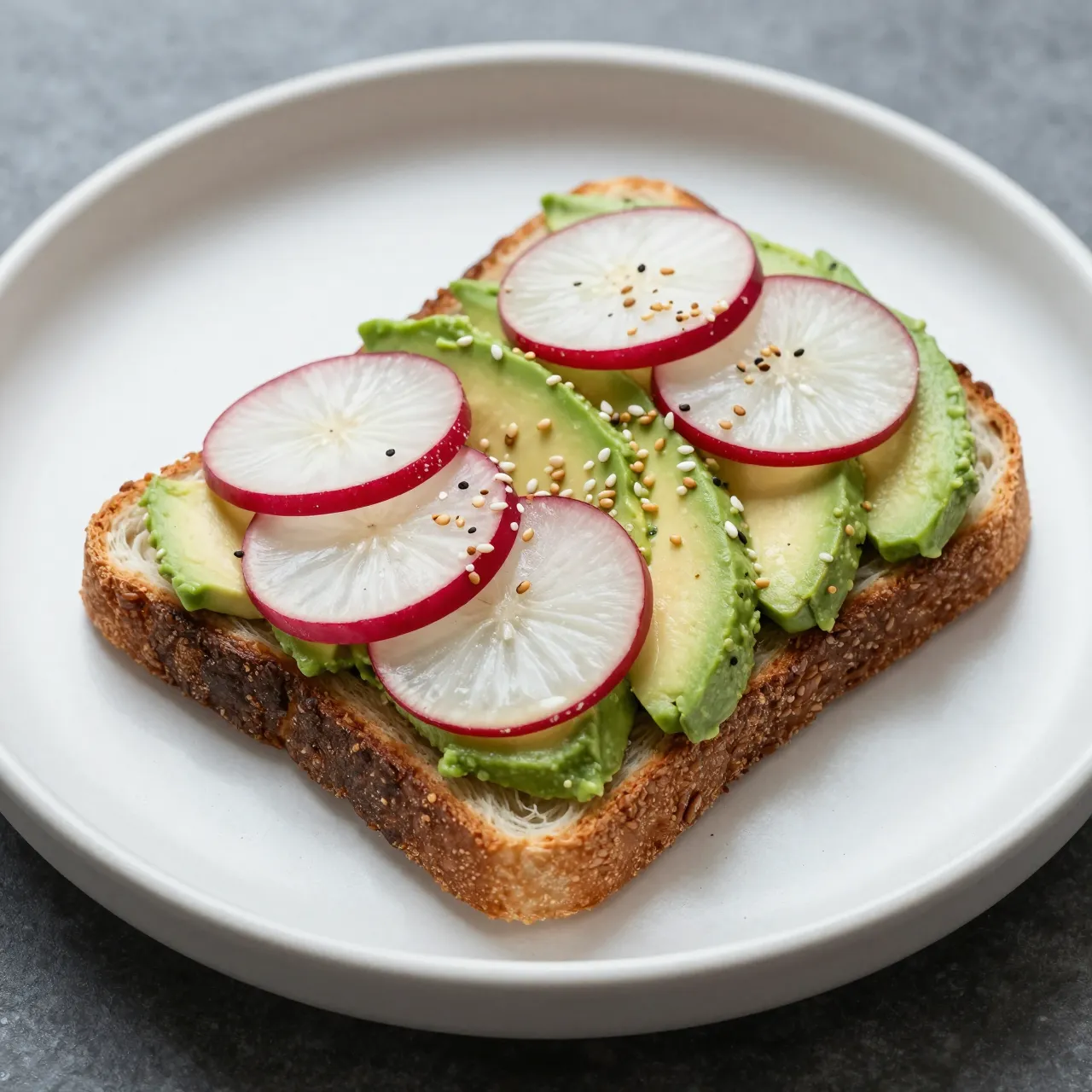 Top view of avocado toast topped with radish slices and sesame seeds on a white plate