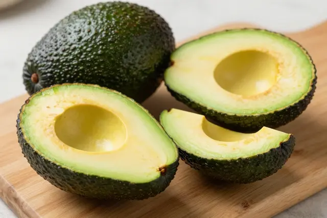Whole and halved ripe avocados arranged on a light wooden cutting board