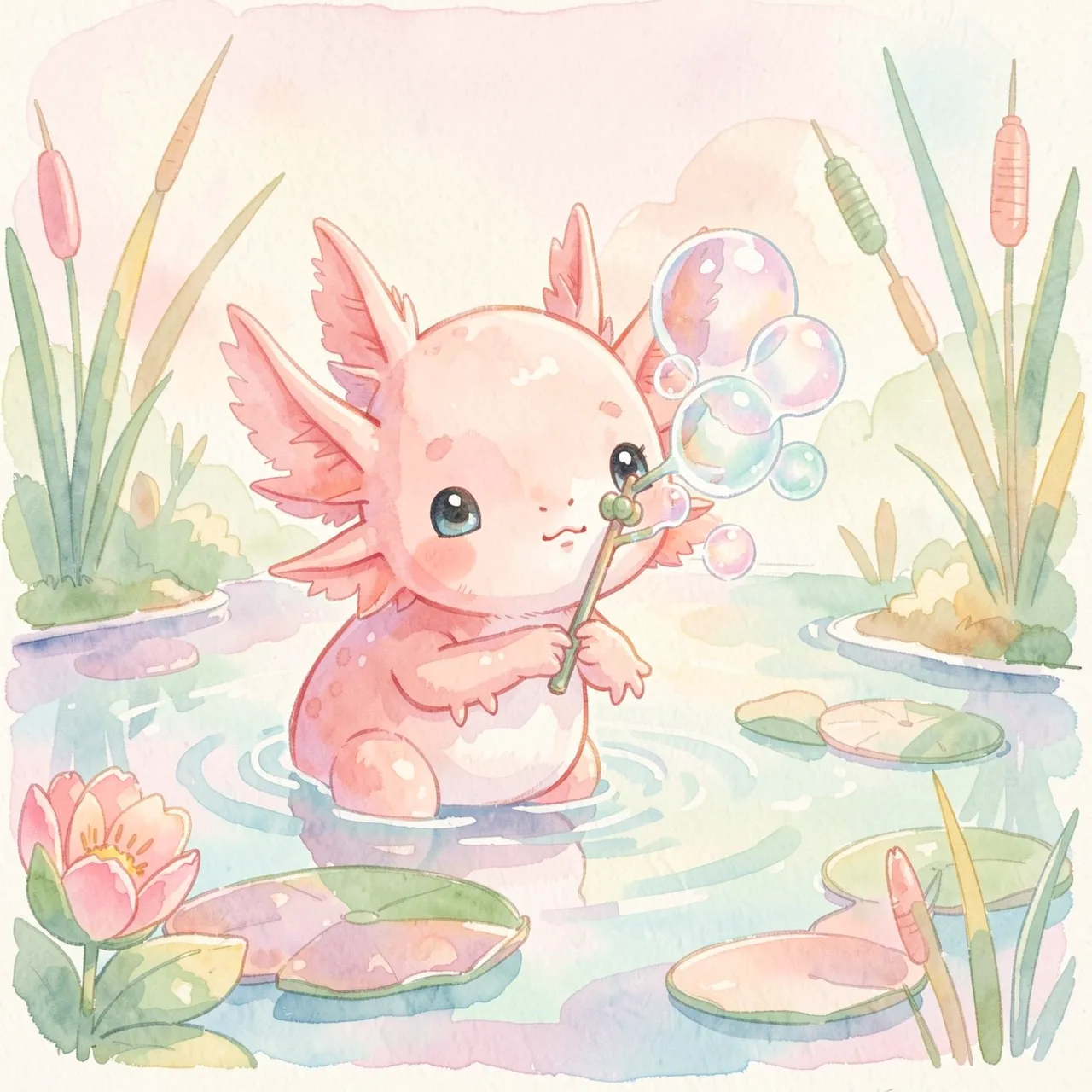 A cute pink axolotl sits in a pastel pond blowing iridescent bubbles from a tiny wand