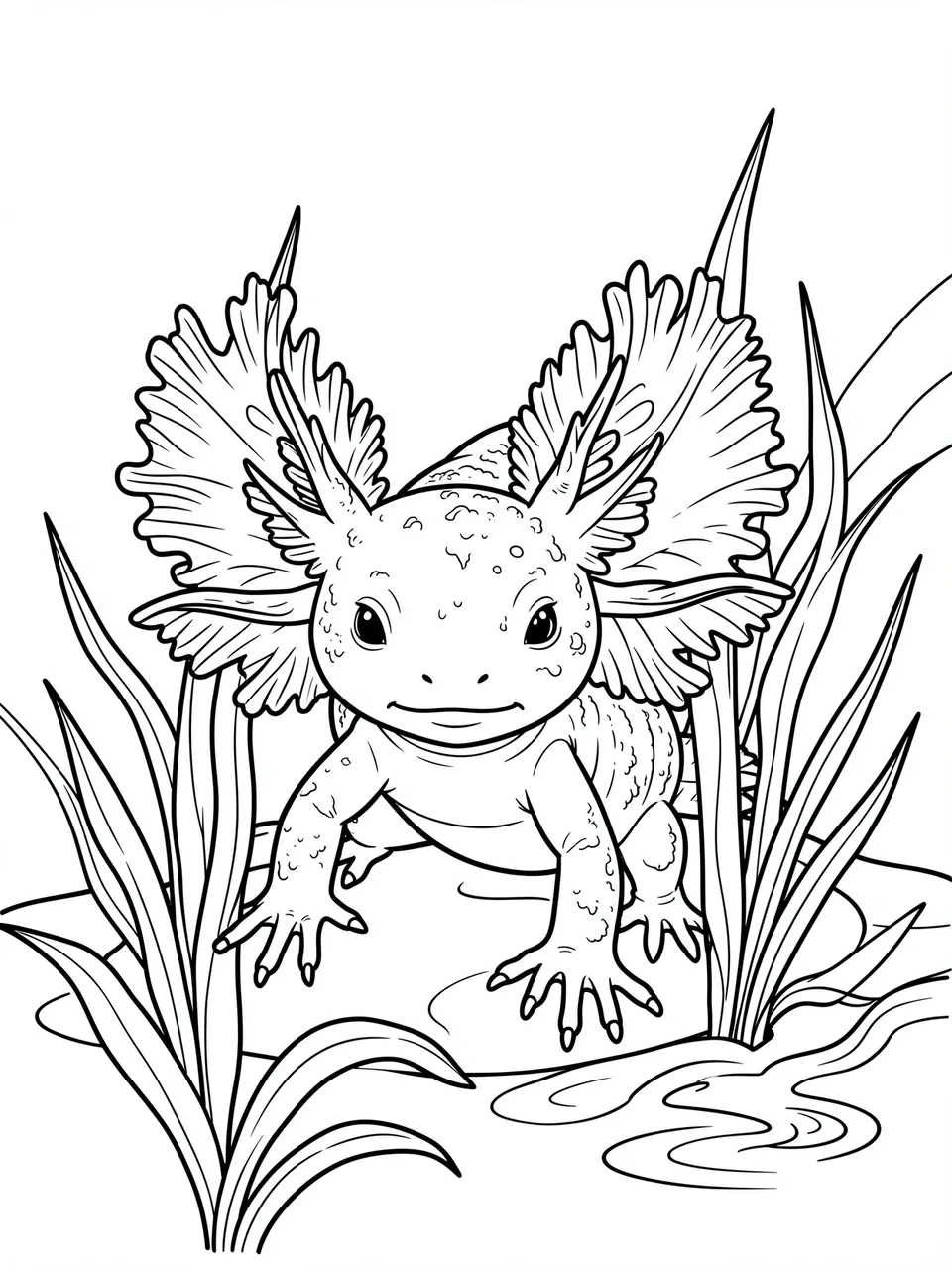 Clean black and white line art of an axolotl with frilly gills among aquatic water plants on a white background
