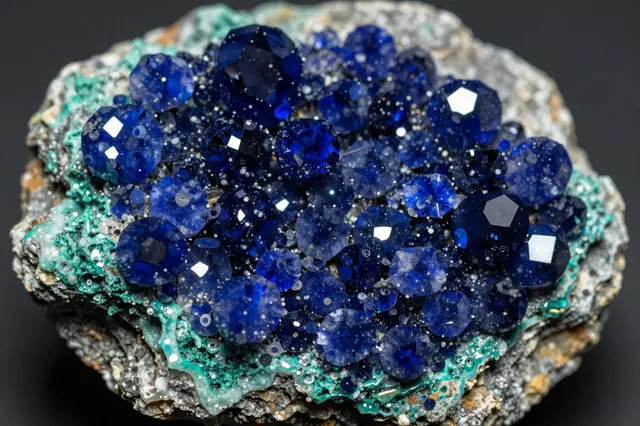 Close-up macro shot of deep blue faceted azurite crystals atop green malachite matrix on a rough rock specimen