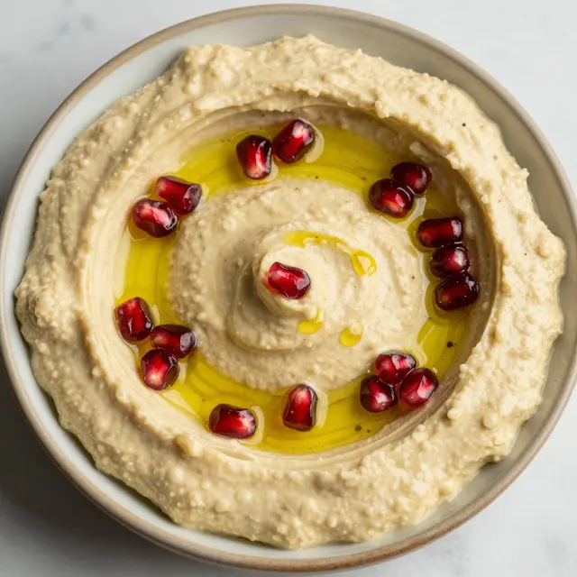 Top-down view of a ceramic bowl of creamy baba ganoush topped with olive oil and bright pomegranate seeds on a light marble