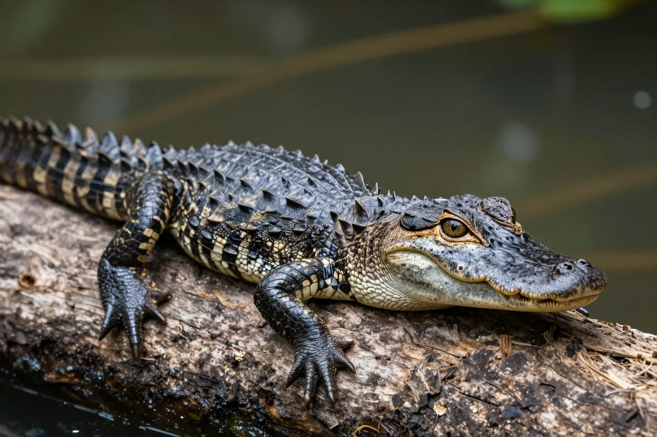 A young alligator rests calmly on a weathered log above dark wetland water
