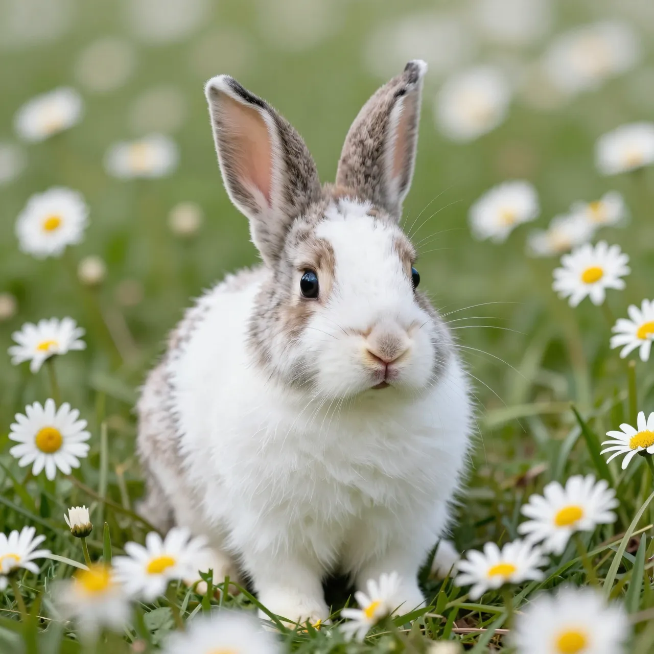 A fluffy white and brown baby bunny sits upright in a sunlit field of blooming daisies.