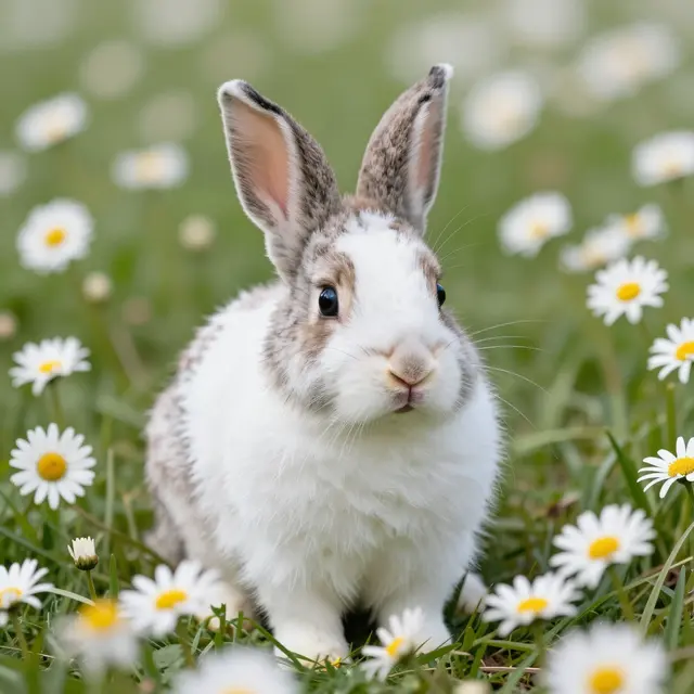 A fluffy white and brown baby bunny sits upright in a sunlit field of blooming daisies.