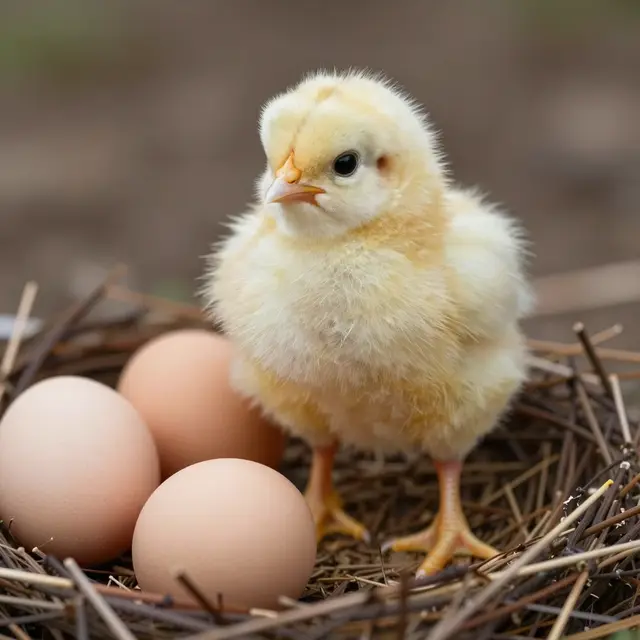 Fluffy yellow baby chick stands in a twig nest next to three light brown chicken eggs