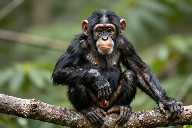A young baby chimpanzee sits calmly on a rough tree branch looking toward the viewer