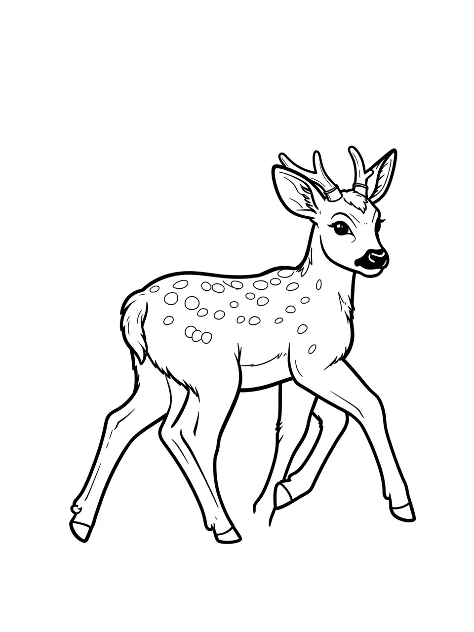 Simple bold black line art of a spotted fawn walking, isolated on a plain white background