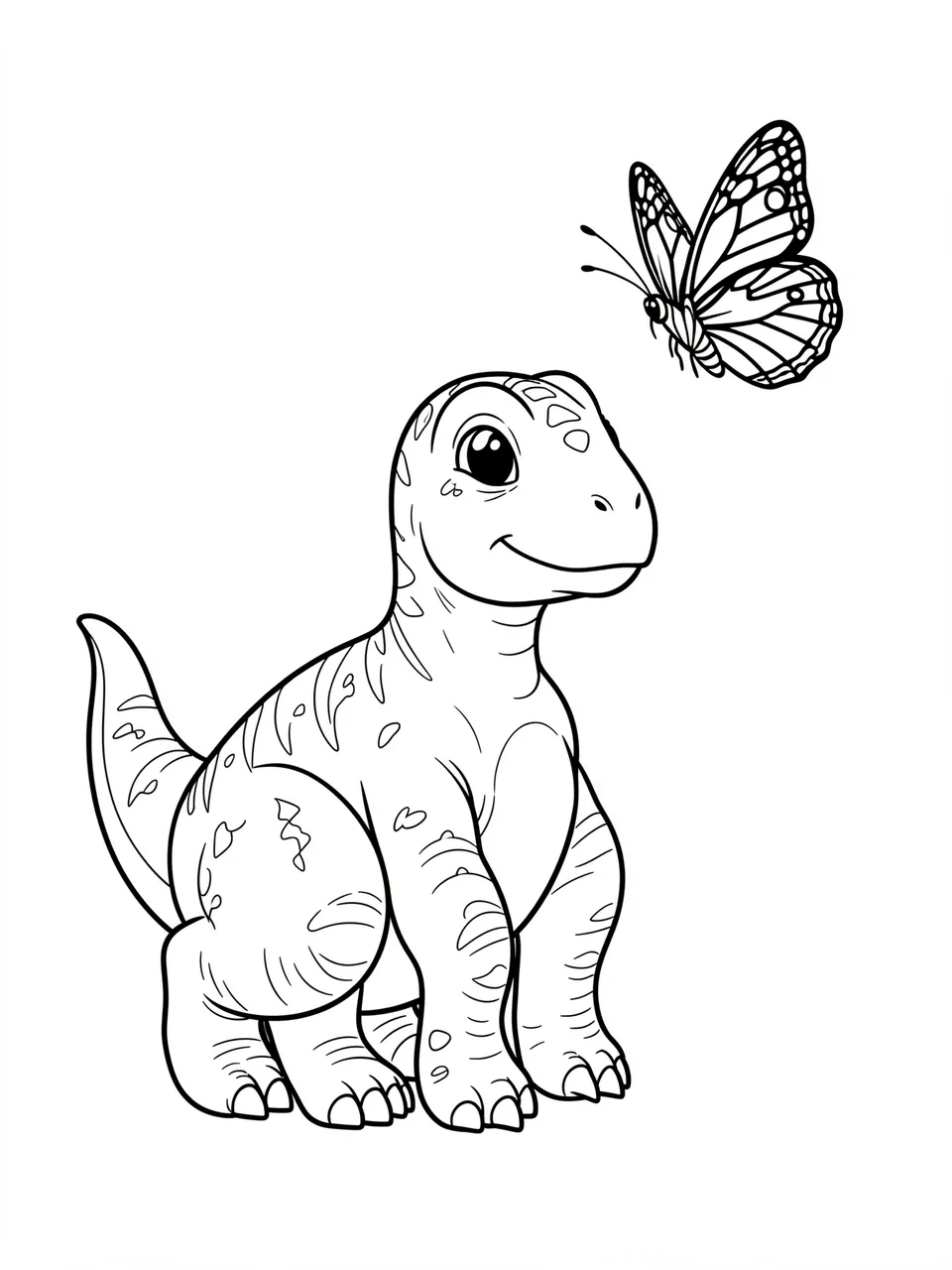 Black and white line art of a cute baby dinosaur looking at a nearby butterfly on a plain white background
