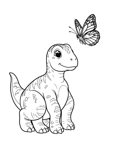 Black and white line art of a cute baby dinosaur looking at a nearby butterfly on a plain white background