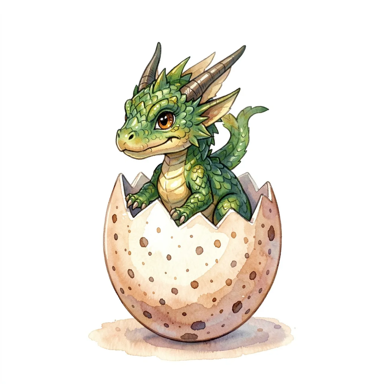 Cute green scaled baby dragon sitting inside a cracked speckled egg in watercolor style