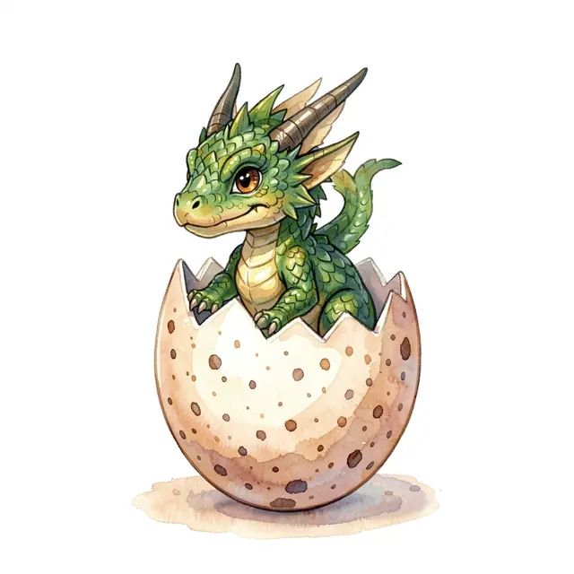 Cute green scaled baby dragon sitting inside a cracked speckled egg in watercolor style