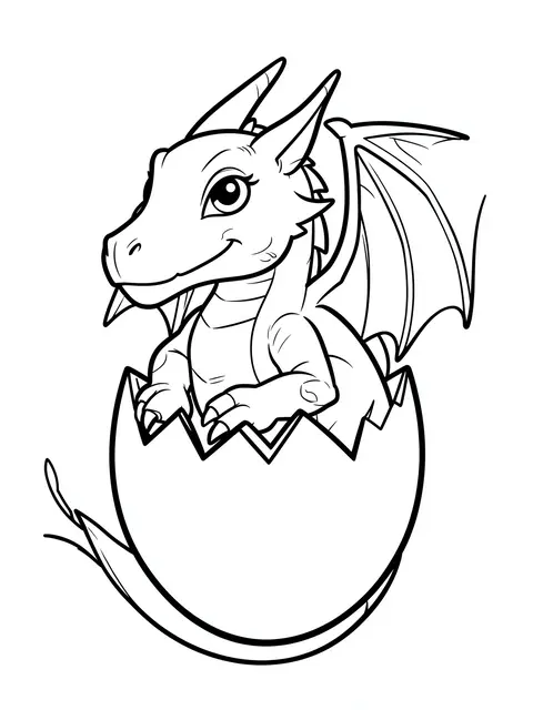Clean black and white line art of a cute baby dragon emerging from a cracked eggshell