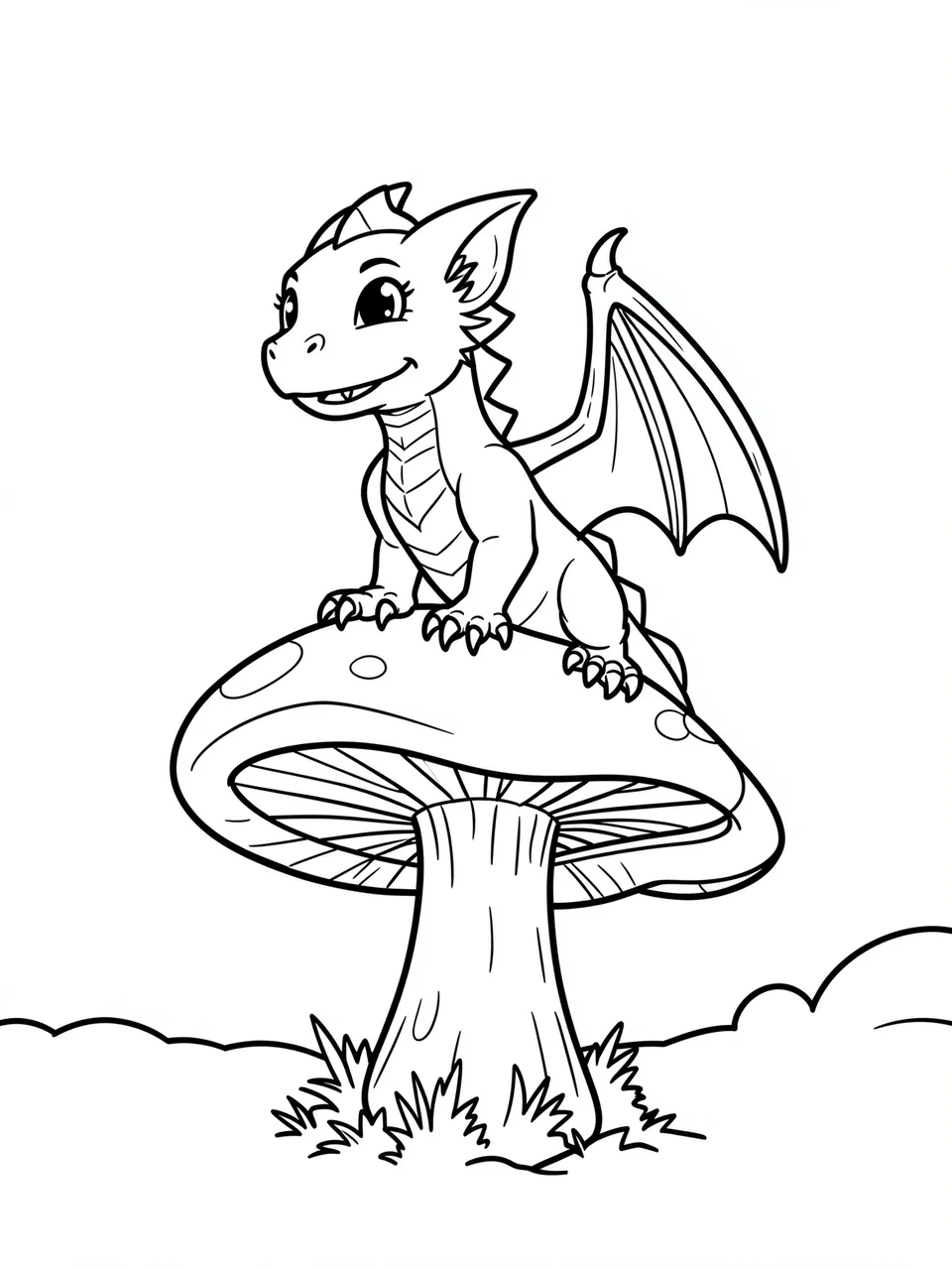 Black and white bold line art of a friendly baby dragon perched on a large spotted toadstool above grass.