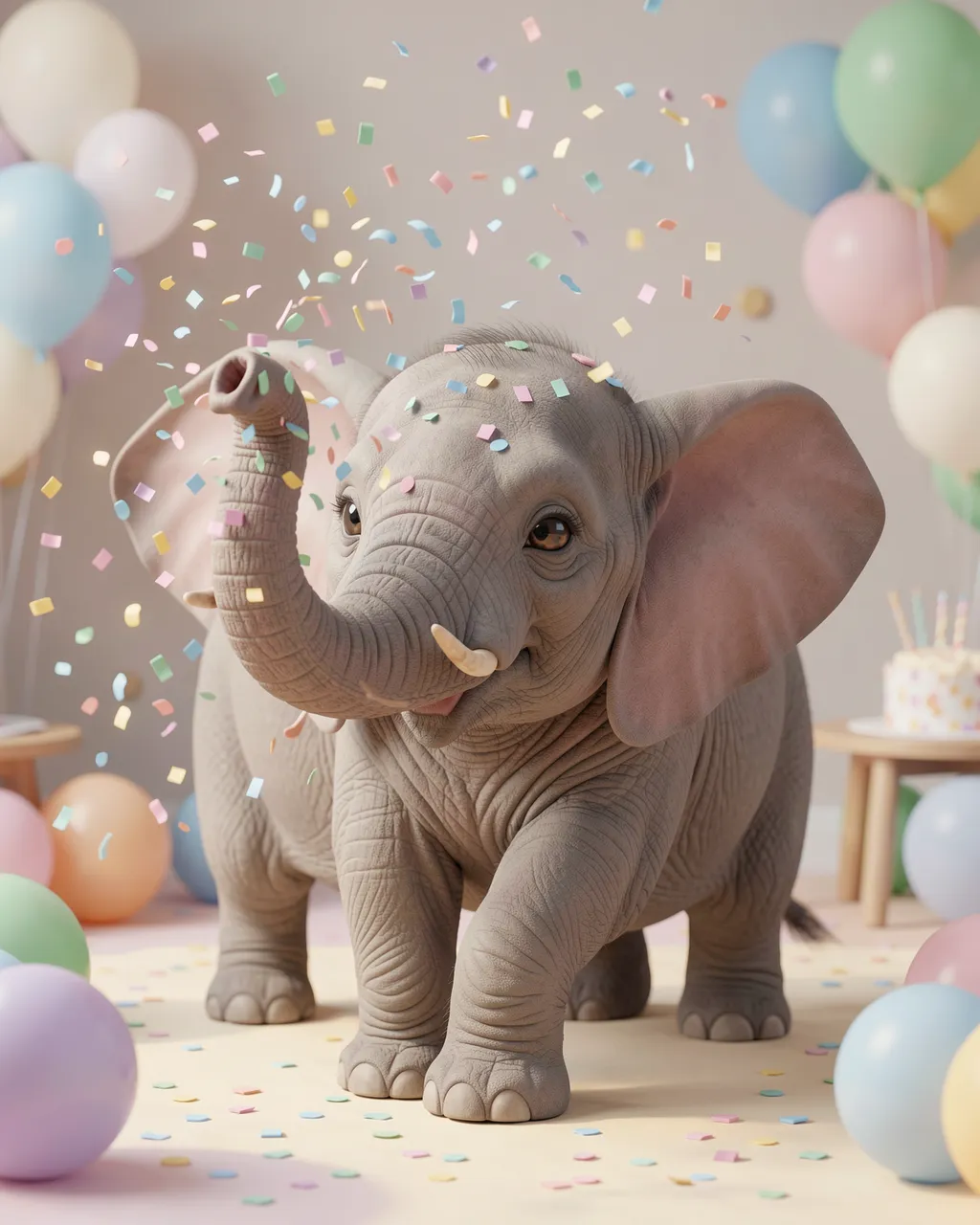 A cute baby elephant blows pastel confetti from its trunk at a cozy birthday party with balloons and cake.