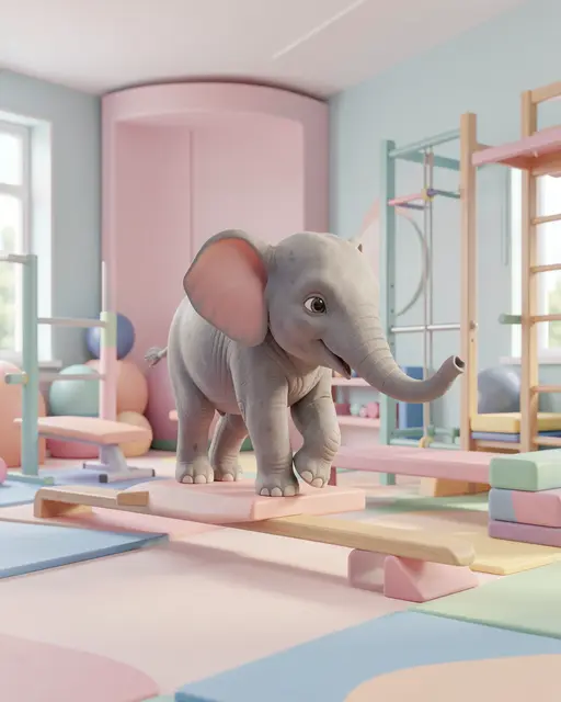 A cute cartoon baby elephant balances on a pastel wooden beam inside a soft pastel gym playroom.