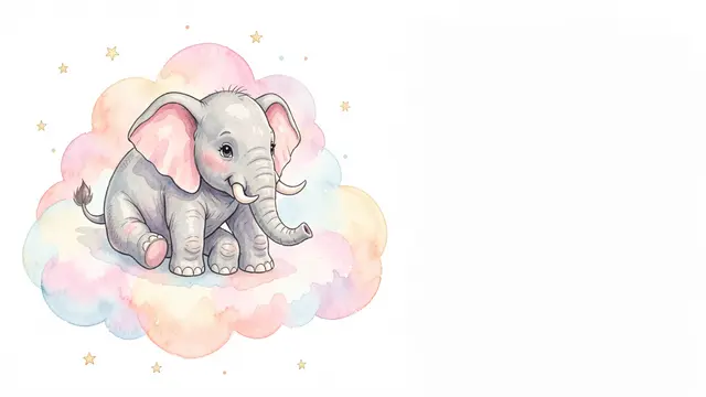Cute watercolor baby elephant sits on a pastel cloud with small golden stars and empty copy space on the right.
