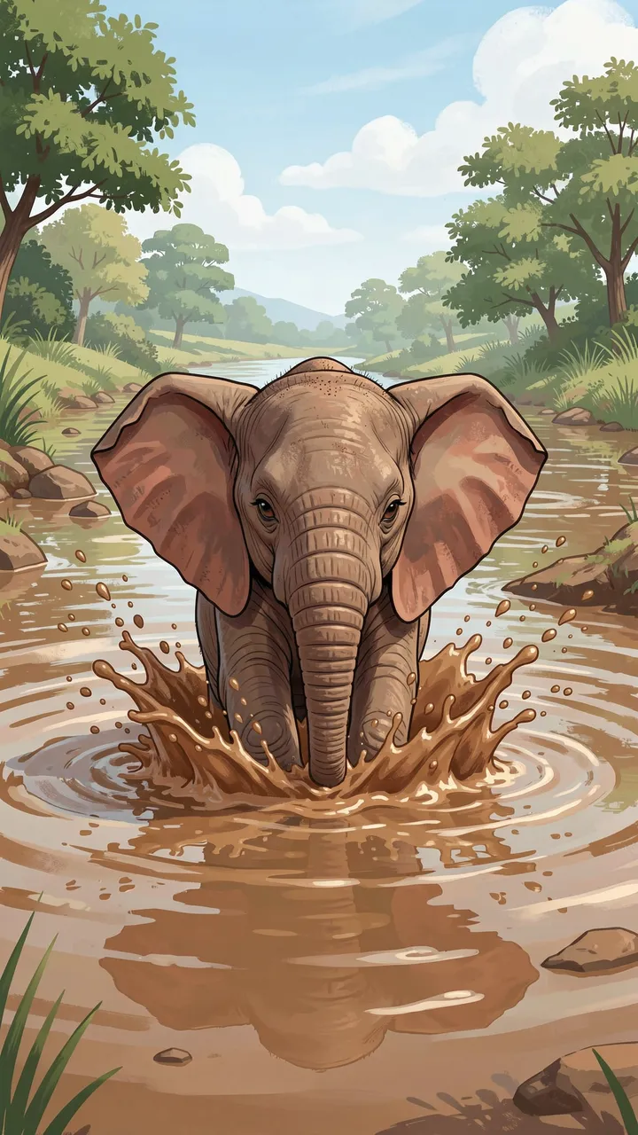 A cartoon style baby elephant splashes playfully in a shallow muddy savanna river.