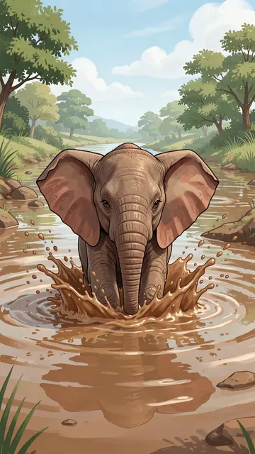 A cartoon style baby elephant splashes playfully in a shallow muddy savanna river.