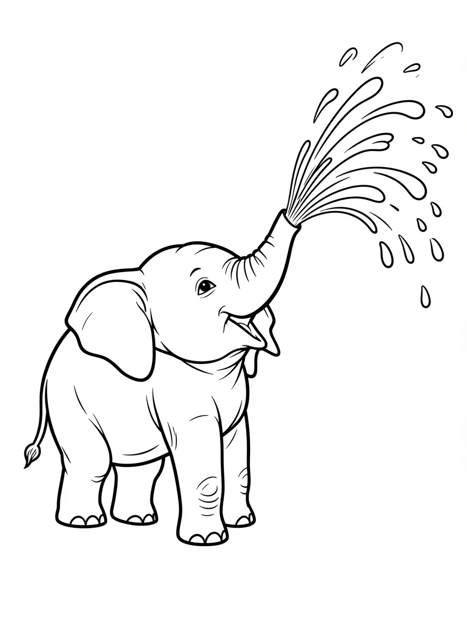 Bold black and white line art of a smiling baby elephant spraying water from its trunk on a white background