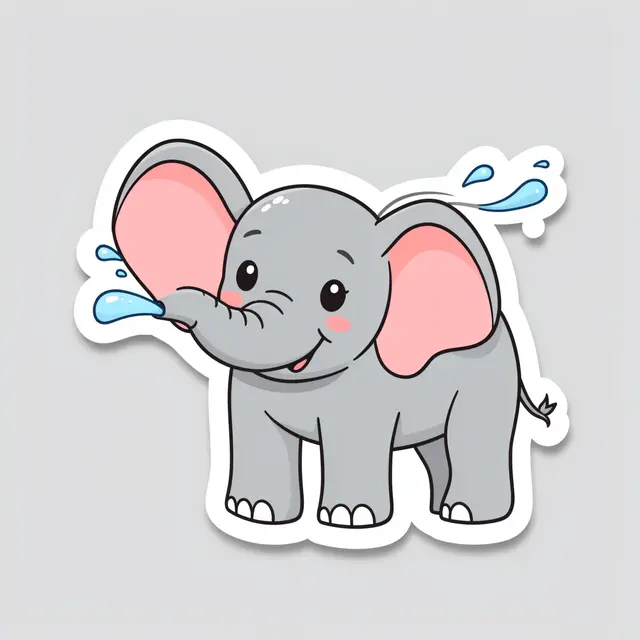 Cute die-cut sticker of a smiling baby elephant spraying water on a light gray background