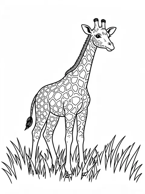 Bold black line art of a baby giraffe standing in tall grass on a plain white background