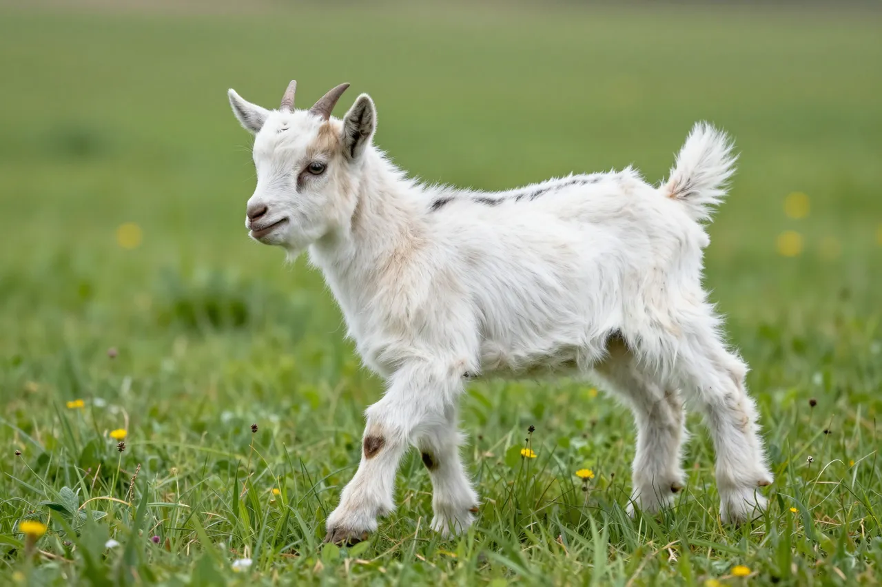 A fluffy young goat kid stands in a sunlit green grassy meadow dotted with small yellow wildflowers.
