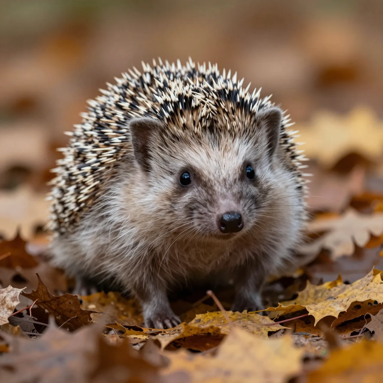 A small hedgehog sits facing the camera on a bed of dry fallen autumn maple leaves.