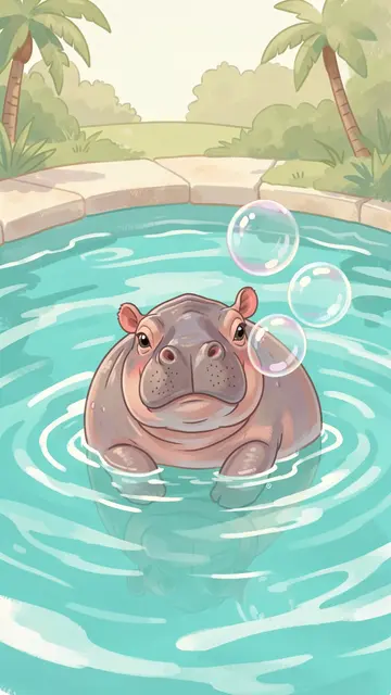 A cute pastel illustration of a baby hippo floating in a turquoise pool with floating iridescent bubbles