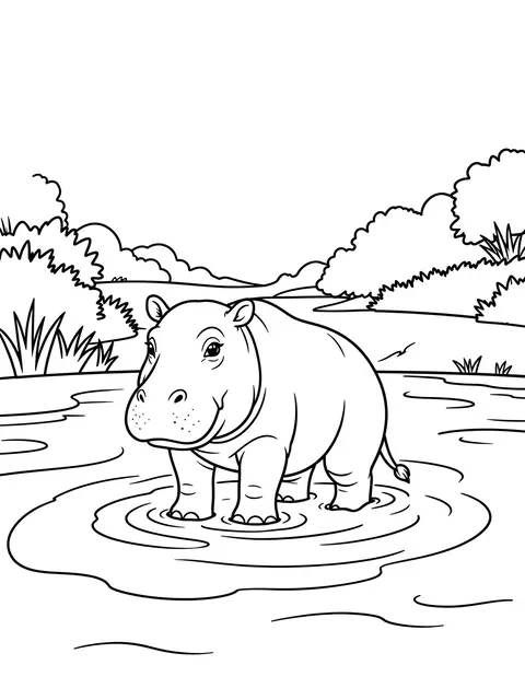 Bold black and white line art of a baby hippopotamus wading in shallow river water