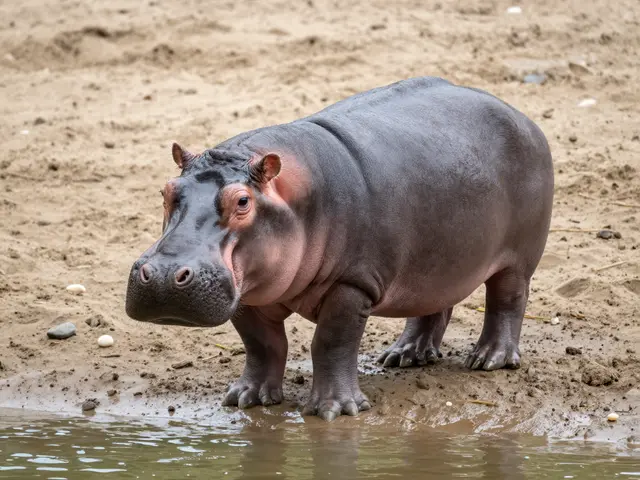 A young baby hippopotamus stands at the edge of shallow water on a sandy muddy riverbank.