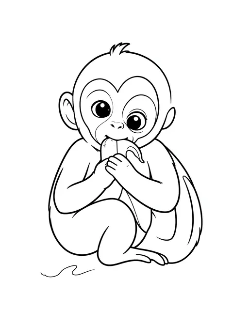 Bold black line art of a cute sitting baby monkey holding and eating a banana on a plain white background