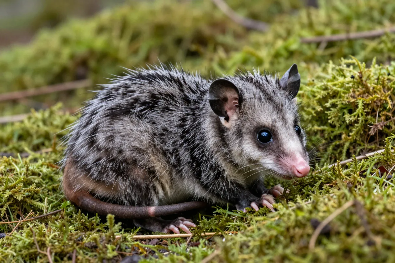 A small baby opossum rests perched on dense green forest moss