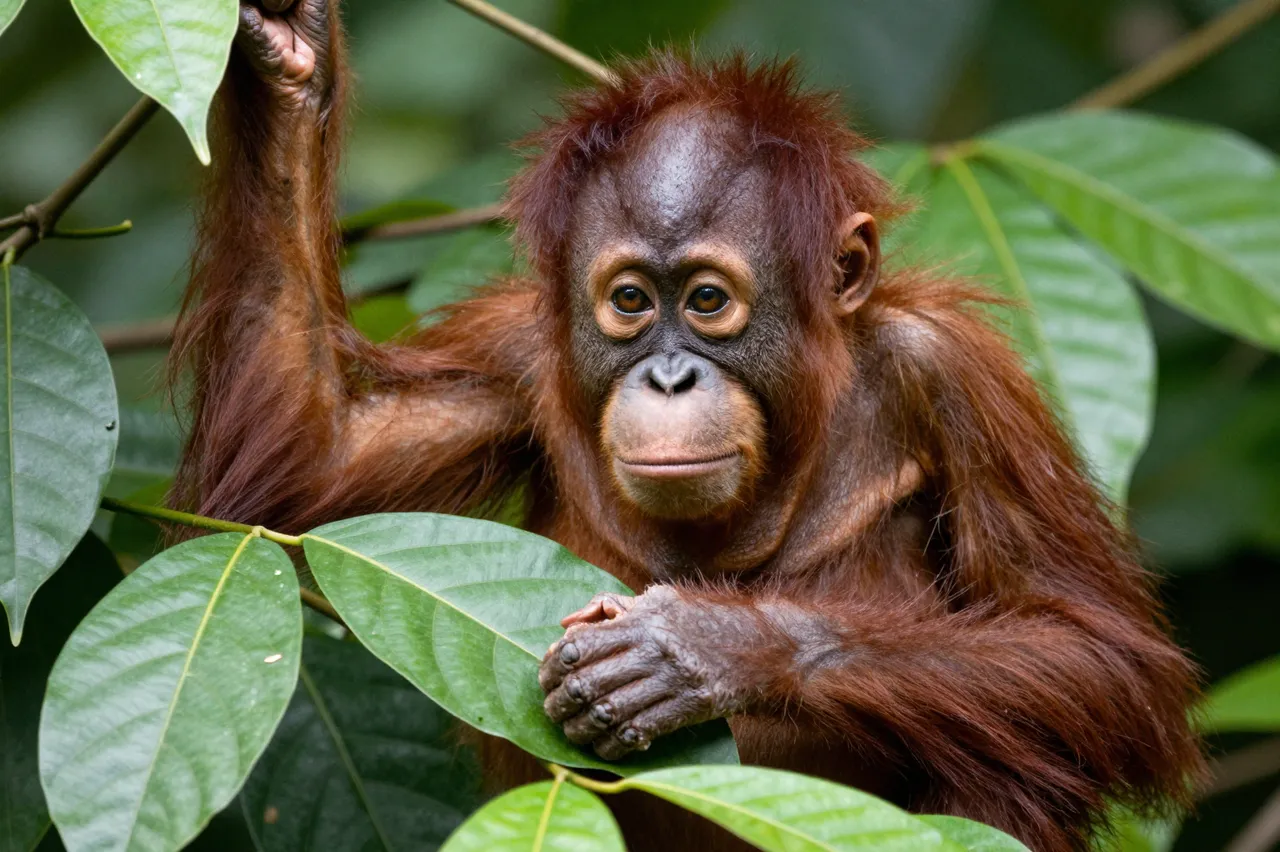 A young baby orangutan looks directly at the camera while perched among lush green jungle foliage.