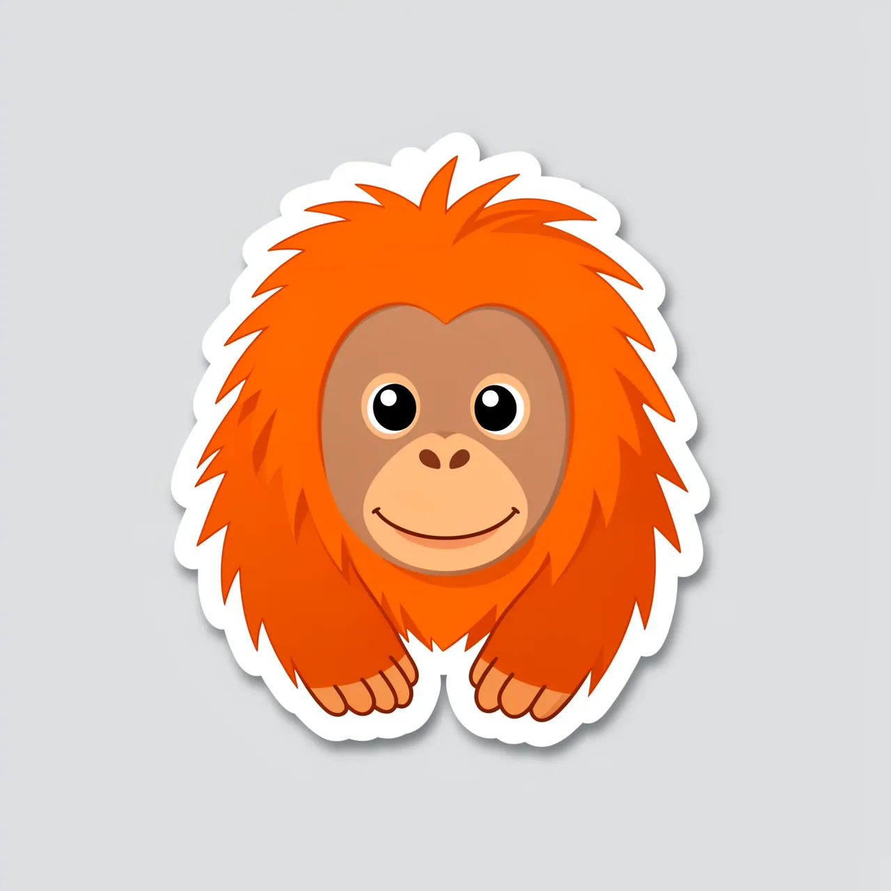 Cute flat illustration baby orangutan sticker with a thick white border on a light gray background