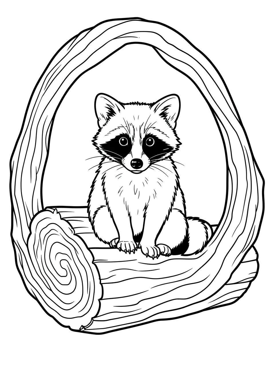 Bold black and white line art of a baby raccoon sitting inside a hollow log on a plain white background