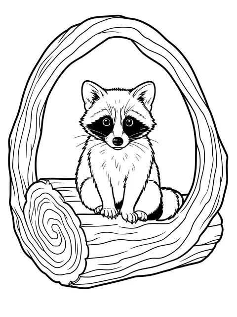 Bold black and white line art of a baby raccoon sitting inside a hollow log on a plain white background