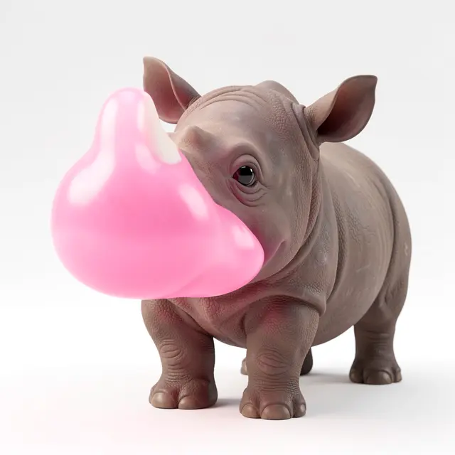 Cute 3D render of a baby rhinoceros blowing a large glossy pink bubble gum against a plain light background