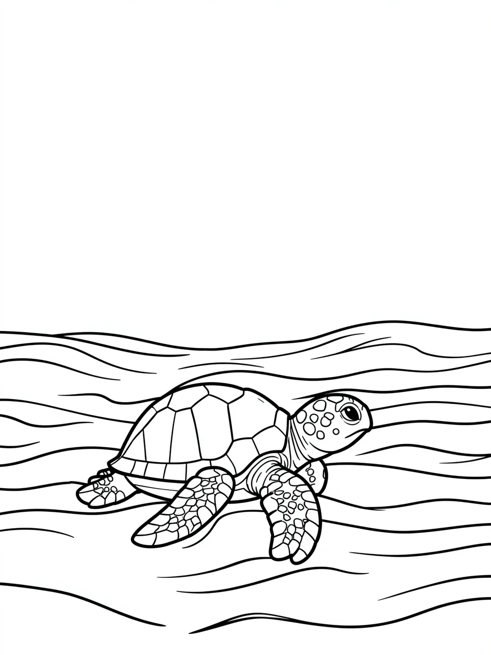 Bold black line art of a baby sea turtle crawling toward stylized wave lines on a plain white background