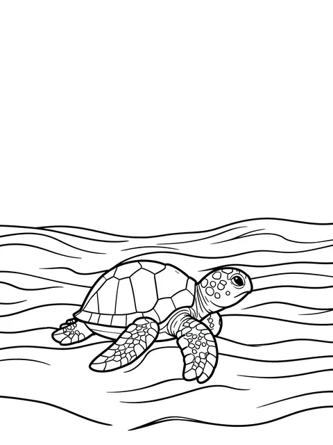 Bold black line art of a baby sea turtle crawling toward stylized wave lines on a plain white background