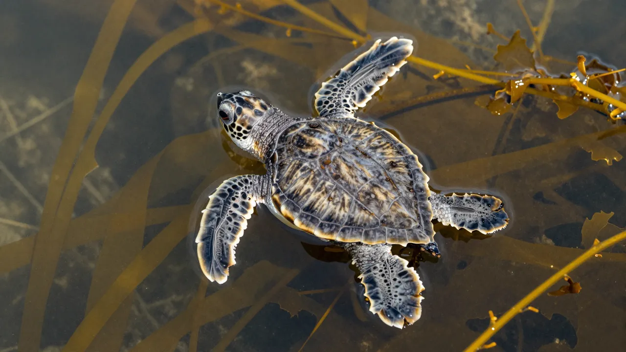 A tiny baby sea turtle floats at the water surface with flippers spread among golden drifting seaweed.