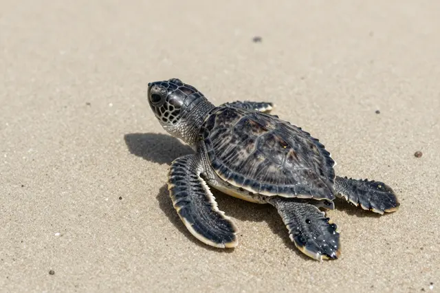 A newly hatched baby sea turtle crawls across sunlit beach sand toward the ocean.